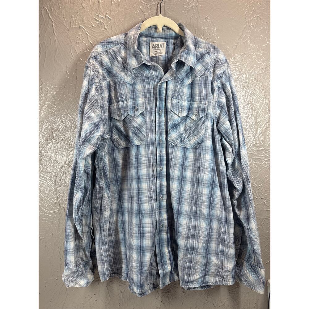 Ariat Men's Retro Fit Button Front Long Sleeve 100% Cotton Blue Plaid Shirt XL‎